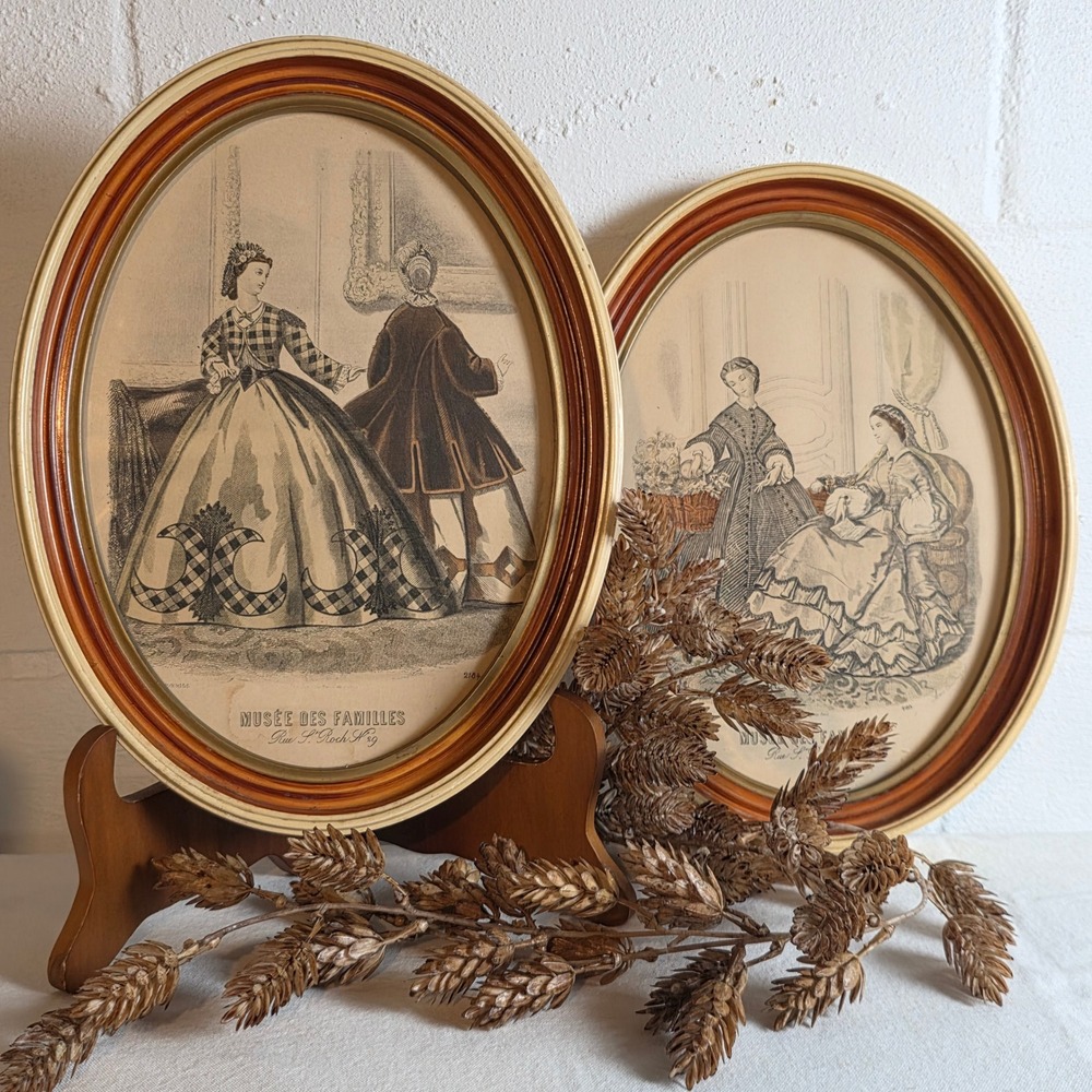 Antique Musee des Familles French Fashion Lithographs Oval Framed Pair Victorian